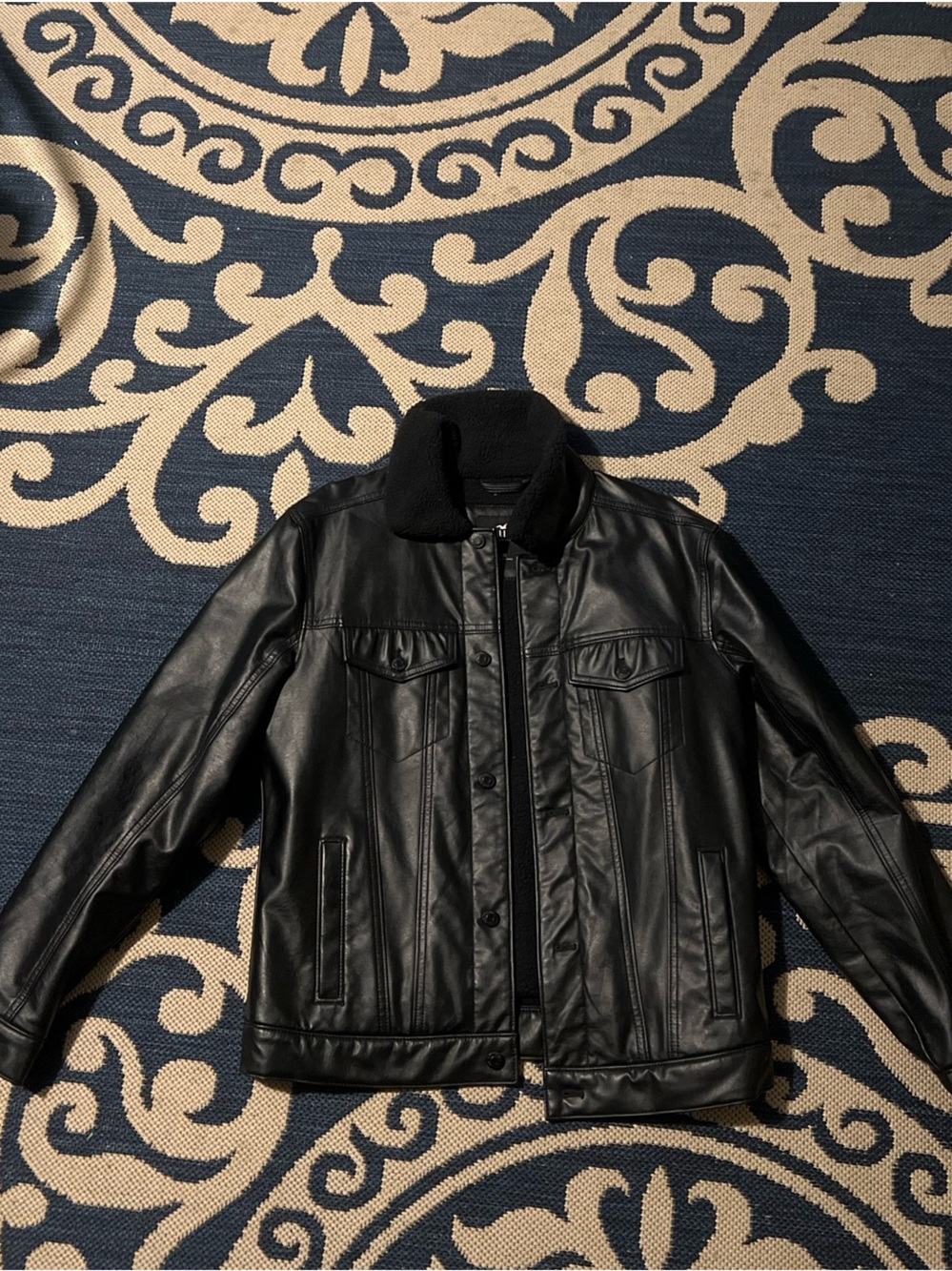 Hollister Black Leather Bomber Jacket with Sherpa Collar